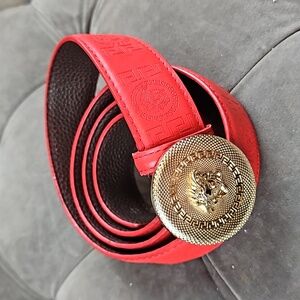 Red Leather Belt with Gold Tone Buckle